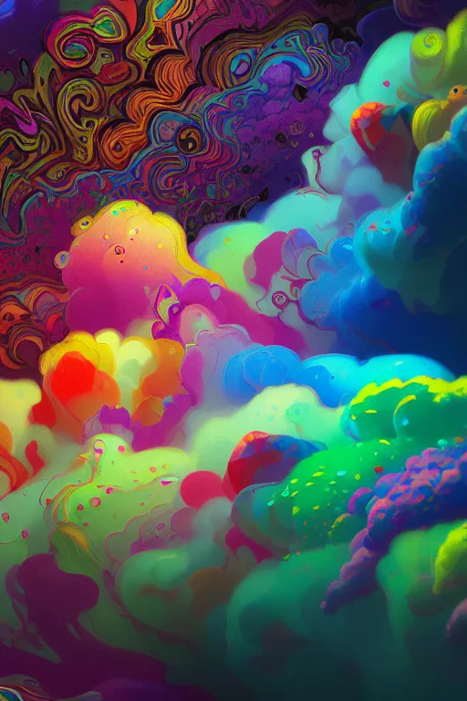 Image similar to colorful liquid smoke and clouds forming faces, animal shapes and flowers, an extremely colorful psychedelic experience, dmt, psilocybin, lsd, intricate, elegant, highly detailed, digital painting, artstation, smooth, sharp focus, illustration, art by krenz cushart, hana yata, octane render, unreal engine, 8 k