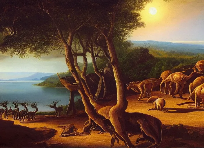 Image similar to the first mammals start to appear after the long impact winters, mammals such as the morganucodontids explore the new lands of the paleogene era of earth, in the style of hudson river school of art, oil on canvas