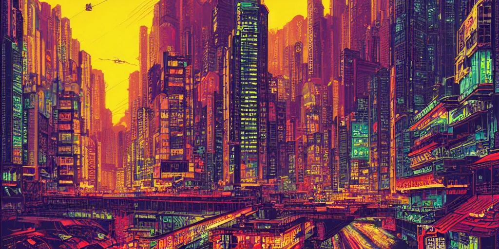 Image similar to artwork of hong kong by dan mumford and toshi yoshida and peter doig, vintage scifi, highly detailed, dramatic lighting, 8 k