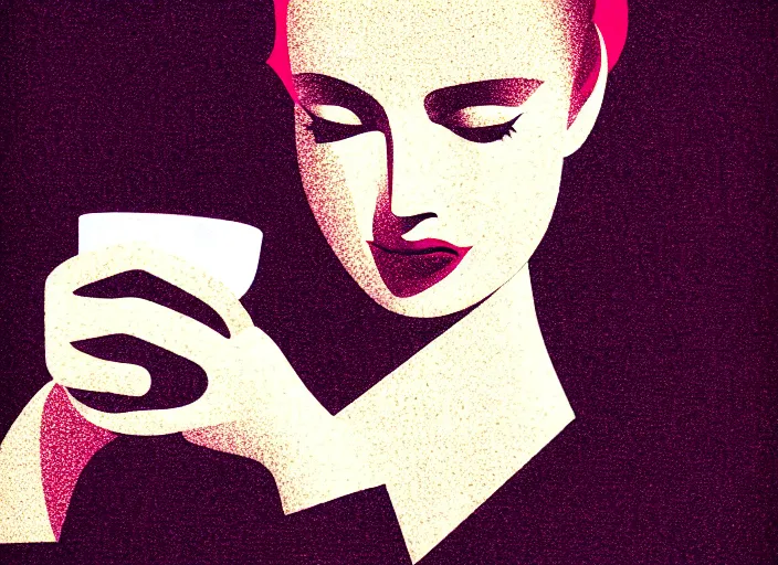 Image similar to portrait of a heroine drinking coffee, (((colorful))),vivid, Mads Berg, Karolis Strautniekas,small finely stippled light, dramatic lighting,film grain, editorial illustration, detailed, gradation, matte print, dynamic composition,moody, cinematic,extreme perspective