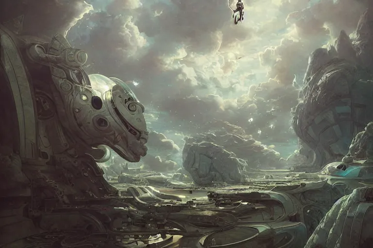 Image similar to a sigma man in futuristic space suit looking at ancient white renaissance spaceship through a time travel spaceship window, scifi, serene, refined, by swang, wlop, peter mohrbacher, jakub rebelka, visually stunning, beautiful, masterpiece