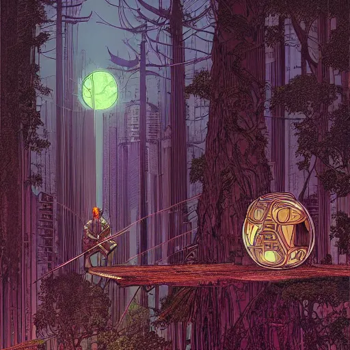 Image similar to Stunningly intricate illustration of single cyberpunk explorer overlooking lush forest, highly detailed, midnight, small glowing orbs by Moebius,