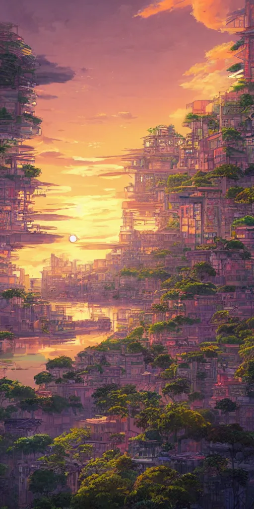 Prompt: a serene digital art of sunset, a metropolis beside the river, by studio ghibli and hayao miyazaki, highly - detailed, anime, unreal engine, deviantart