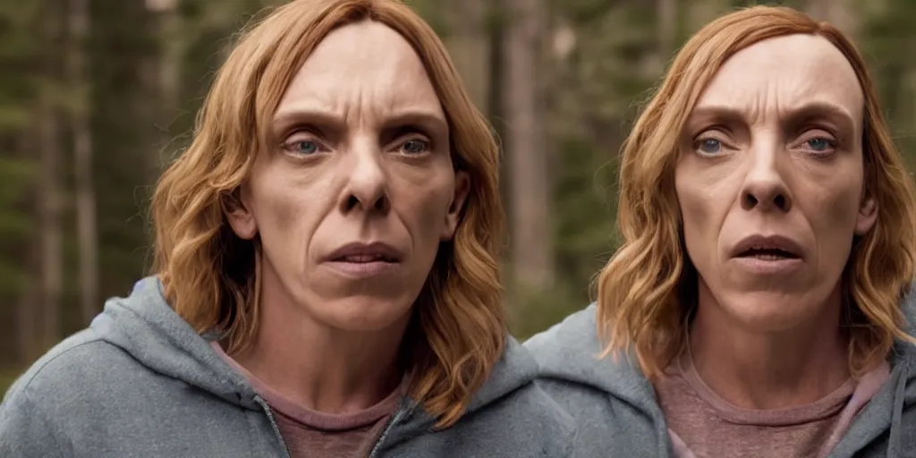 Prompt: Toni Collette as Annie Graham in 'Hereditary' (2018), movie still frame, oscar nominated cinematography, volumetric lighting, 8k resolution, beautiful composition