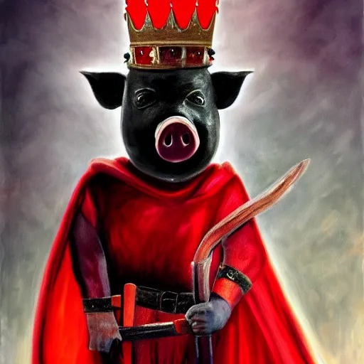 Prompt: a humanoid pig, wearing a crown, red cape and wielding a black axe, vivid colors, soft lighting, atmospheric, cinematic, moody, oil on canvas, 8 k