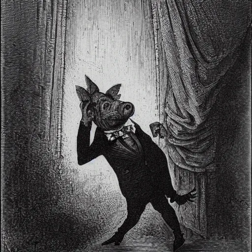 Prompt: a pig in a tuxedo, dark, creepy, eerie, petriying, frightening, spine-chilling, horrifying, scaring, harrowing, illustration by Gustave Doré
