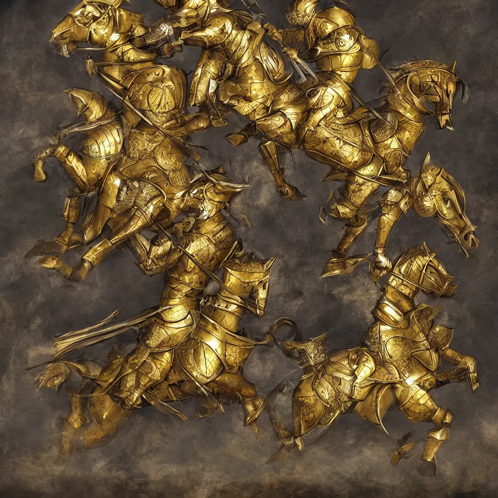 Prompt: a horse in golden armor and an armored knight with a spear riding on it, high resolution photo, dramatic