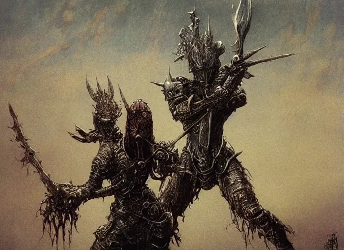 Image similar to girl knight fighting monsters by Beksinski and Luis Royo