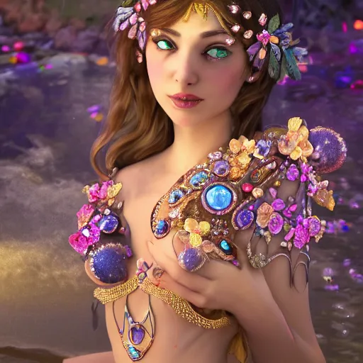 Prompt: A beautiful siren decorated with precious stones, and wherever she walks glowing flowers grow, 8k, photorealistic, ultra realistic, extreme detail, highly detailed, atmospheric, , cinematic composition