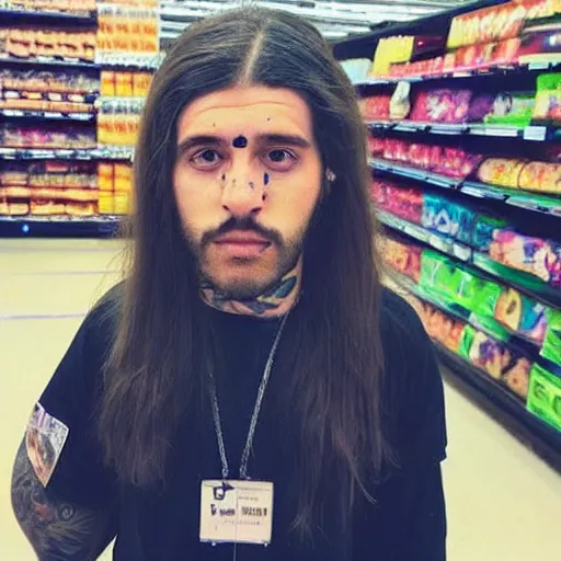 Prompt: “ long haired man with face tattoos working at walmart ”