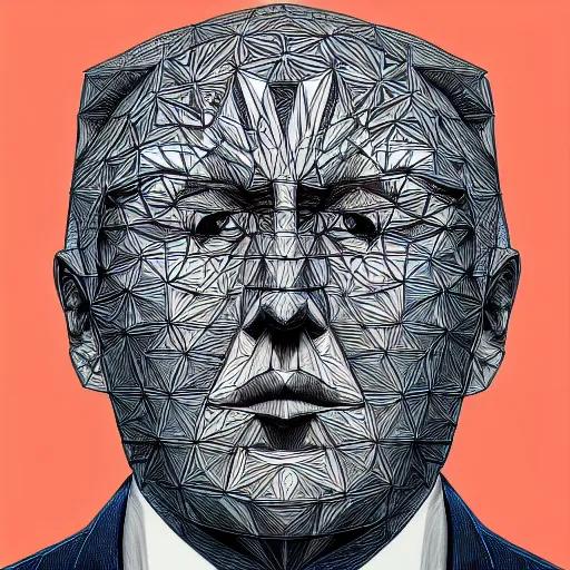 Prompt: Geometrically surreal Trump, extremely high detail, photorealistic, intricate line drawings, dotart, album art in the style of James Jean