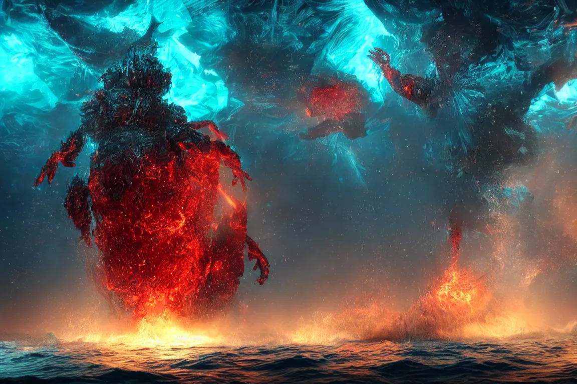 Image similar to colossal shaman god destroying very living thing in the ocean, made of lasers, cast across the night sky, 8 k, ultra realistic, lens flare, atmosphere, glow, detailed, intricate, full of colour, cinematic lighting, trending on artstation, 4 k, hyperrealistic, focused, extreme details, unreal engine 5, cinematic, masterpiece