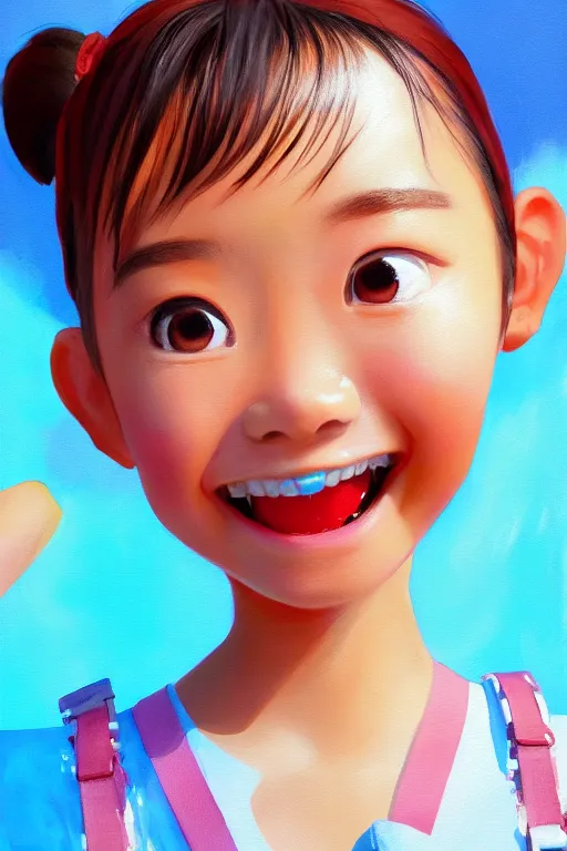 Image similar to a painting of cute Asian girl smiling, plastic overalls, in the style of Pixar animation, low angle view, 16mm lens, award winning, hyper detailed, dramatic lighting, artstation, octane renderer, unreal engine