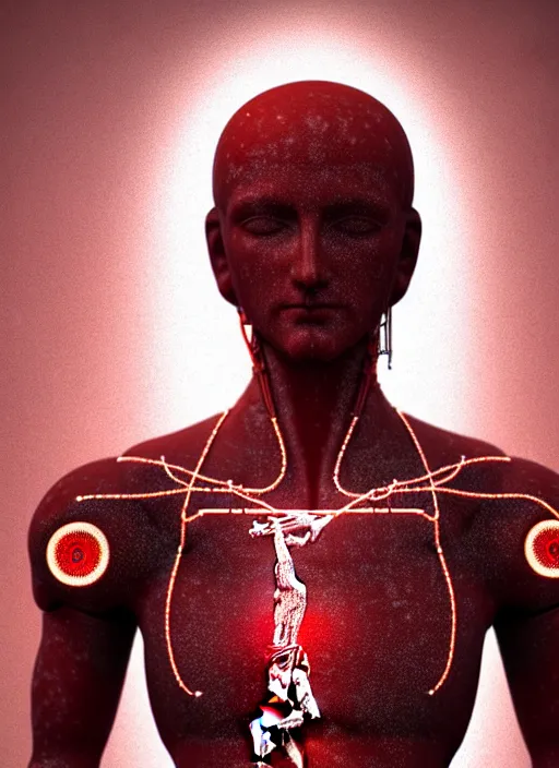 Prompt: a statue jesus on cross made of red marble, perfect symmetrical body, full body shot, inflateble shapes, wires, tubes, veins, white biomechanical, wearing epic bionic cyborg implants, masterpiece, intricate, biopunk, vogue, highly detailed, space station, artstation, concept art, cyberpunk, octane render