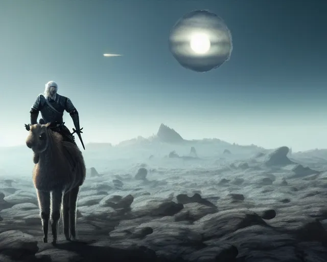 Prompt: 5 5 mm portrait photo of geralt riding an alpaca on the surface of io. jupiter is visible in the background. gritty fantasy atmosphere. art by greg rutkowski. highly detailed 8 k. intricate. lifelike. soft light. nikon d 8 5 0.