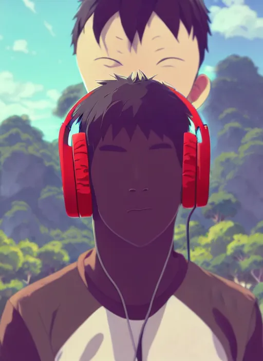 Image similar to portrait of chilled kong, sunny sky background, lush landscape, illustration concept art anime key visual trending pixiv fanbox by wlop and greg rutkowski and makoto shinkai and studio ghibli and kyoto animation, symmetrical facial features, black t shit, red headphones, ripped jeans, backlit, aerodynamic frame, gta 5