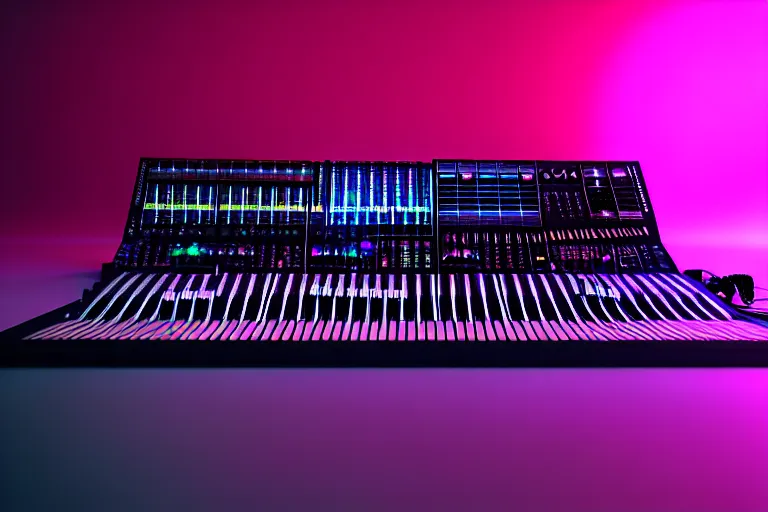 Prompt: dream synthesizer, led, cables and wires, knobs, faders, modular, vaporwave, retro wave, trending on artstation, octane render