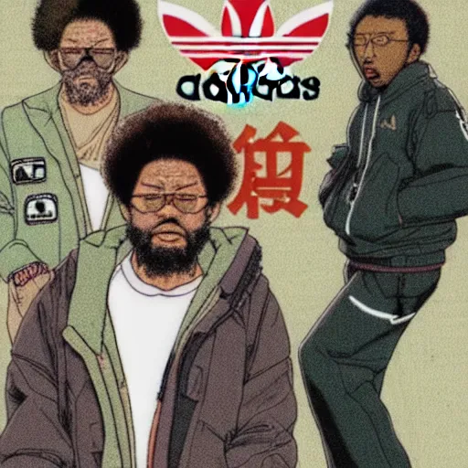 Image similar to illustration by katsuhiro otomo, black man with afro hair, raspy beard stubble, wearing an adidas army green jacket, in the streets of tokyo, akira style, by katsuhiro otomo