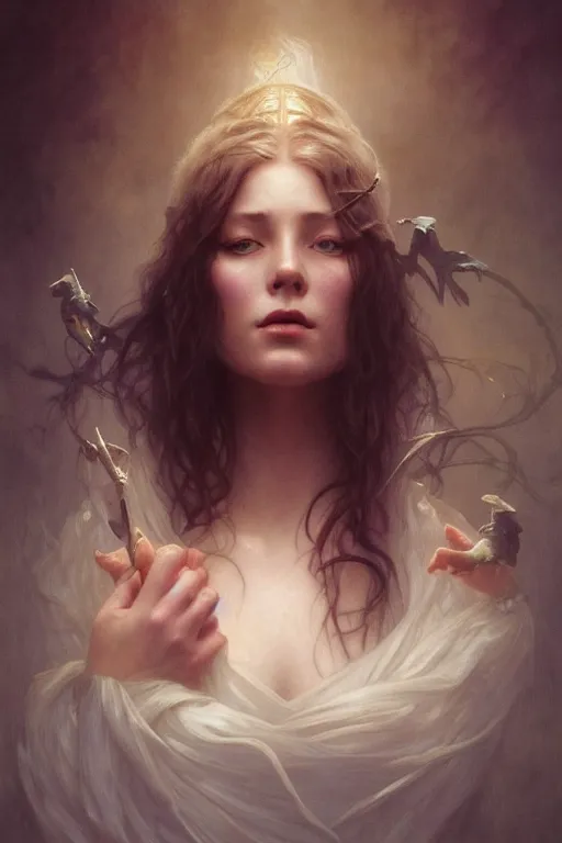 Image similar to beautiful jennifer lowrence, dark fantasy, cinematic lighting, intricate, elegant, highly detailed, digital painting, artstation, smooth, sharp focus, illustration, art by artgerm and greg rutkowski and zdislav beksinski and alphonse mucha and Wayne Barlowe and william-adolphe bouguereau