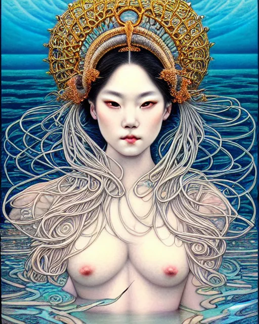 Prompt: portrait of a beautiful sea goddess, graceful, esoteric, head in focus, fantasy art, ornamental aesthetics, intricate, elegant, highly detailed, hyperrealistic painting, artstation, concept art, painterly, sharp focus, illustration, art by chie yoshii