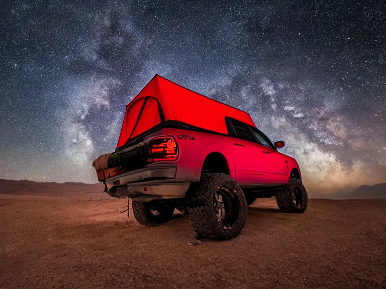 Image similar to dodge ram red power wagon with a roof top tent camping on dry lake night, long exposure, milky way, award winning, cinematic