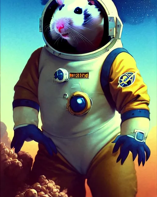 Image similar to wrecking ball the hamster from overwatch, dressed as an astronaut, character portrait, portrait, close up, concept art, intricate details, highly detailed, vintage sci - fi poster, retro future, in the style of chris foss, rodger dean, moebius, michael whelan, and gustave dore