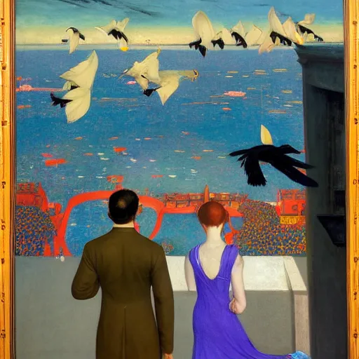 Image similar to a battle of crows in mumbai, hyperrealistic film still by edward hopper, by gottfried helnwein, by klimt, by paolo uccello, art nouveau, highly detailed, strong lights, liminal, eerie, bright pastel colors