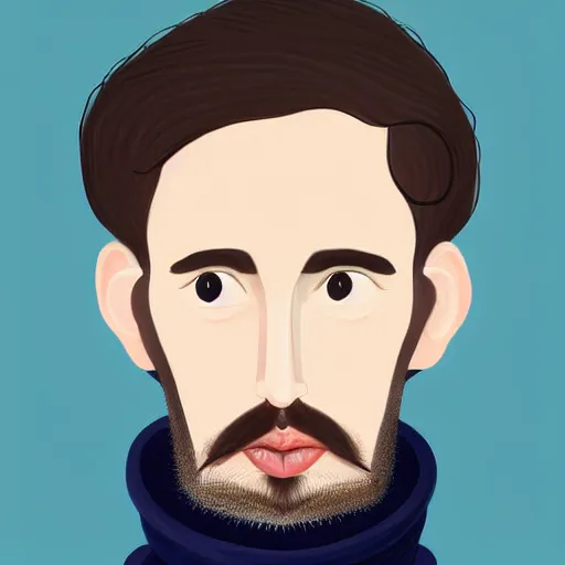 Prompt: gangly man with short dark blond wavy hair, dark blond beard, small chin, rectangular face, thin lips, English heritage, small blue eyes, middle aged, wearing a turtleneck and jacket, pale skin, narrow face, digital art, painterly, cartoon, cute, 8k, illustration, art by loish, painterly, trending on artstation, medium shot, uncropped