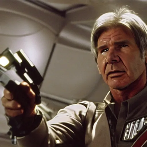 Prompt: A still of Harrison Ford as Commander Adama in Battlestar Galactica (2003), firing at a Cylon