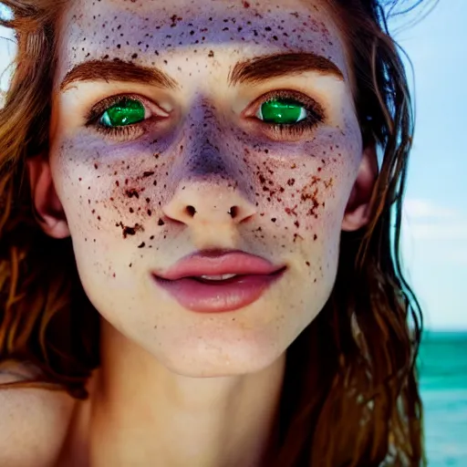 Image similar to portrait of a cute thin young woman, bronze brown hair, eye color is emerald green, red blush, cute freckles, smug smile, modern clothes, relaxing on the beach, golden hour, close up shot, 8 k, art by irakli nadar, hyperrealism, hyperdetailed, ultra realistic