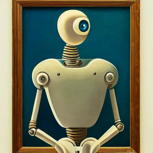 Prompt: intricate and refined, super - intelligent robot with kind eyes portrait, grant wood, pj crook, edward hopper, oil on canvas