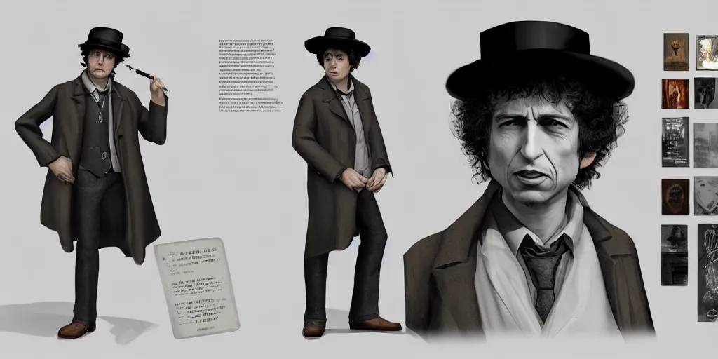 Image similar to bob dylan as a 2 0 s roving gambler, character sheet, concept design, contrast, greg rutkowski, zabrocki, karlkka, jayison devadas, trending on artstation, 8 k, 3 d scene, photo, realistic, octane render, ultra wide angle, pincushion lens effect