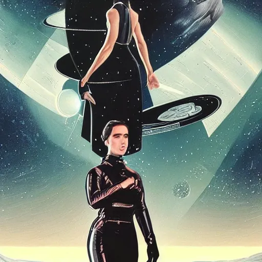 Image similar to Jennifer connelly as a stunning , beautiful retro SCI-FI space heroine 1985 , star ship taking off in the background , movie poster, intricate, elegant, highly detailed, centered, digital painting, trending on artstation, concept art, smooth, sharp focus, illustration, art by illustration, Unreal Engine 5, 8K, art by artgerm and greg rutkowski and alphonse mucha WLOP