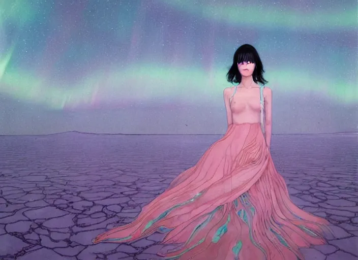 Prompt: lee jin - eun in luxurious dress emerging from pink and turquoise water in salar de uyuni with the ground reflecting the aurora borealis by takato yamamoto, james jean, conrad roset, m. k. kaluta, martine johanna, rule of thirds, elegant look, beautiful, chic, face anatomy, cute complexion