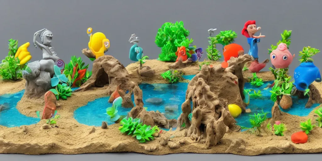 Image similar to plasticine model in water. clay figures. side view of tropical fish tank with sand. fighter fish. astrix obelisk. collecting helmets wallace and gromit. figures clay. aquatic photography.