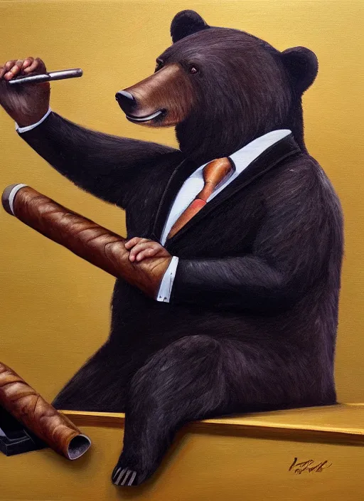 Prompt: A bear in a suit smoking a cigar while drifting in a Lamborghini, oil painting