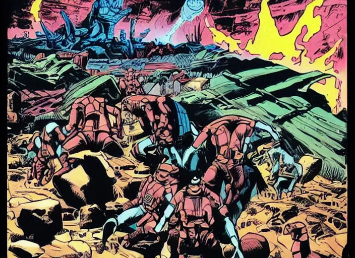 Prompt: comic book drawing of aliens building a base at the grand canyon by jack kirby!!! and simon bisley, epic, awesome bright color palette, hard contrast, black ink outlines