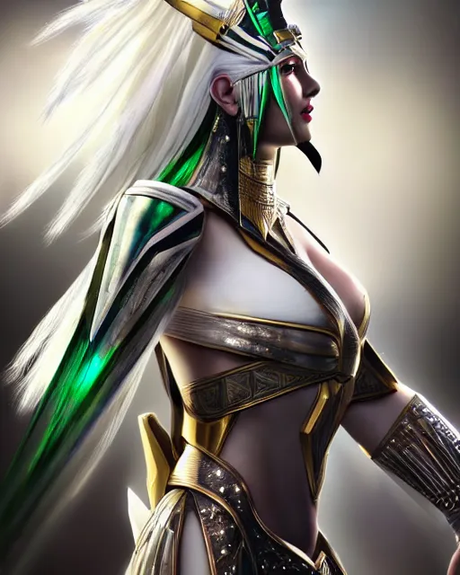 Image similar to perfect white haired attractive egyptian goddess, warframe armor, pharaoh headdress, beautiful, symmetric, dreamy, half asian, pretty face, green eyes, charlize theron, detailed, scifi platform, laboratory, experiment, 4 k, ultra realistic, epic lighting, android body, illuminated, cinematic, masterpiece, art by akihito tsukushi, voidstar