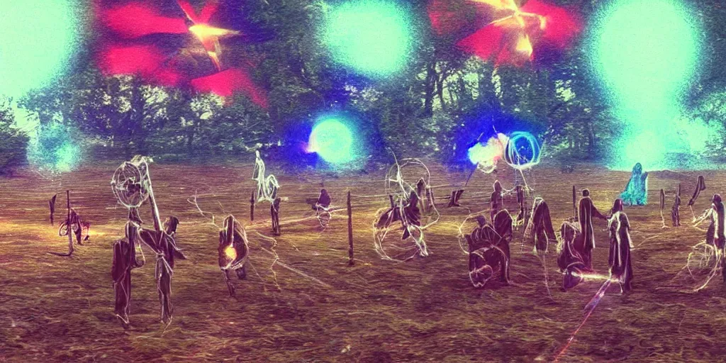 Prompt: A group of Ophanim with their wheels shimmering hovers over a group of shepherds in a field, Theophanes, screenshot of found footage, VHS, chromatic aberration, grainy, blurry, photo realistic, viral