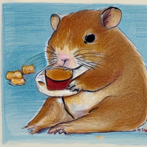 Image similar to light brown hamster holding a tray full of cookies near a oven, to bake them, colorful drawing, pencil