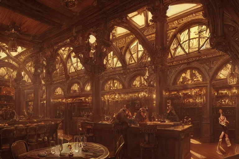 Prompt: ultra realistic illustration, baroque tavern interior from diablo and baldurs gate, intricate, elegant, highly detailed, digital painting, artstation, concept art, smooth, sharp focus, illustration, art by artgerm and greg rutkowski and alphonse mucha