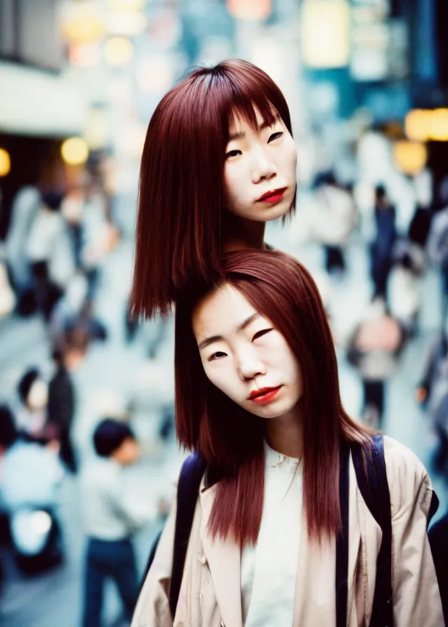 Prompt: a portrait street photograph shot on cinestill 5 0 d of one japanese woman in 9 0 s fashion with modest make up and her hair died to a hazelnut brown, shot in shibuya tokyo on a 3 5 mm at f / 2. 8, print magazine quality, nostalgia, 8 k