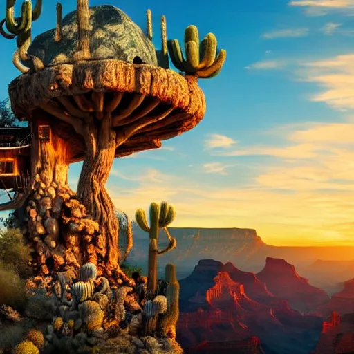 Prompt: fancy treehouse mansion built in a giant cactus on top of plateau with amazing view of sunset over the grand canyon detailed luminescent magical realism painting 4 k