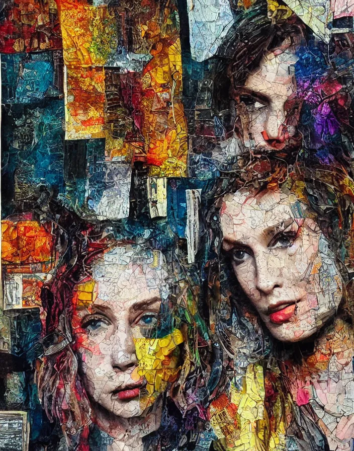 Prompt: counter culture people portrait embrace detailed analogue mixed media collage with canvas texture in style of contemporary art, punk art, hyperrealistic beautiful face, photorealistic, expressionism, masterpiece, perfect composition, spectacular quality, intricate oil details