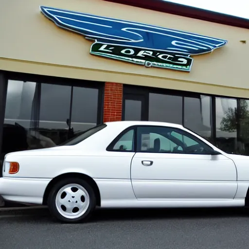 Prompt: 2 door sedan white coupe 2 door sports car 1995 ford design language