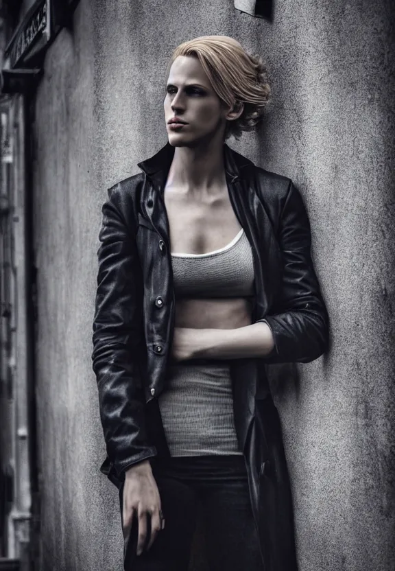 Image similar to cosmopolitan model annie leonhart posing in dunwall city, beautiful face, detailed face, realistic eyes, cinematic lighting, rainy weather, melancholy atmosphere, volumetric light, gothic architecture, realistic reflections, model agency, instagram photo, depression atmosphere, shot on sony a 7, beauty filter, postprocessing