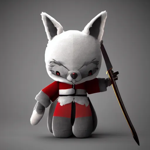 Prompt: cute fumo plush of a foxboy with a sword, three point lighting, dramatic, vray