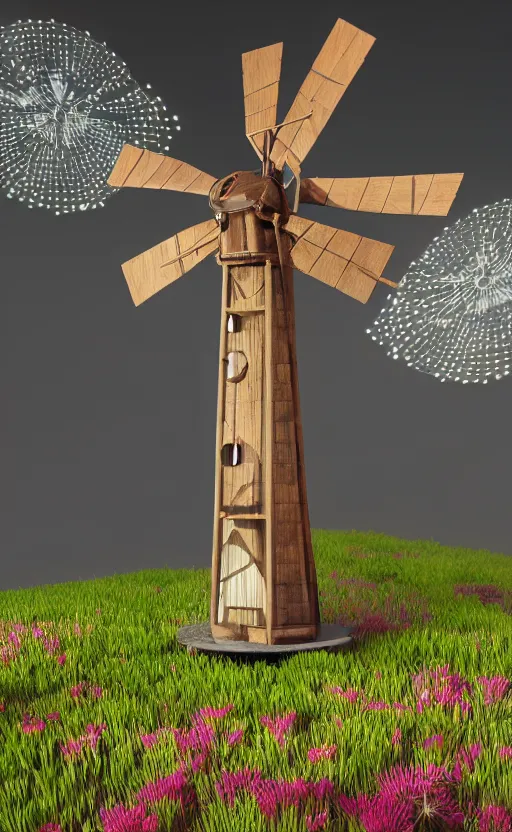 Image similar to tiny wooden windmill, floating, rbc, radiolaria, protophyta, micro - organisms, center frame, symmetric, rim light, marine microbiology, bioluminescence, electric, soft, concept art, intricate details, highly detailed, colorful, photorealistic, disney pixar, octane render, iridescent, anime, 8 k