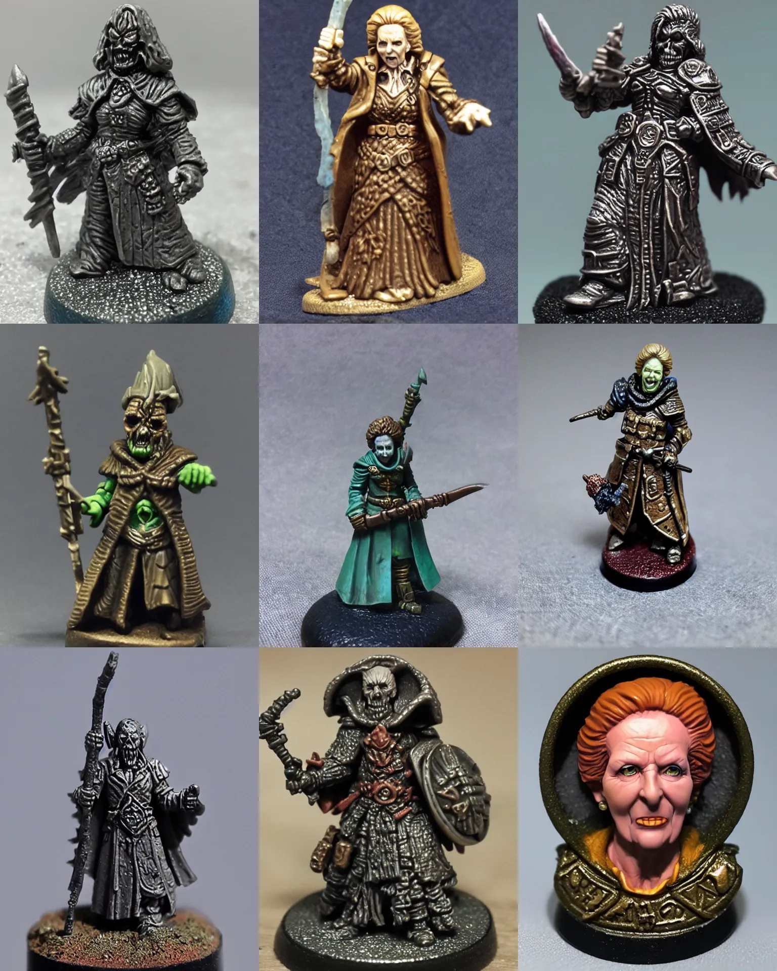 Prompt: resin miniature, margaret thatcher, 2 8 mm heroic scale, games workshop, lich, undead mage, round base, evil villain, citadel colour, glowing eyes, osl, nmm, r / paintedminis, ttrpg, dungeons and dragons