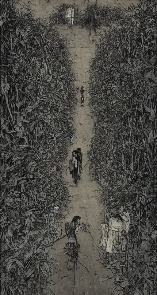 Image similar to on the street of abandoned town 2 people standing huddled together, spiny giant plants bursting through them in the style of Takato Yamamoto and Francis Bacon and Norman Rockwell and Beksinski, very coherent, ultradetailed